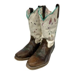 Dan Post Rumi Brown Leather Boot Girls 4D Rainbow Splatter Hide Calf Hair